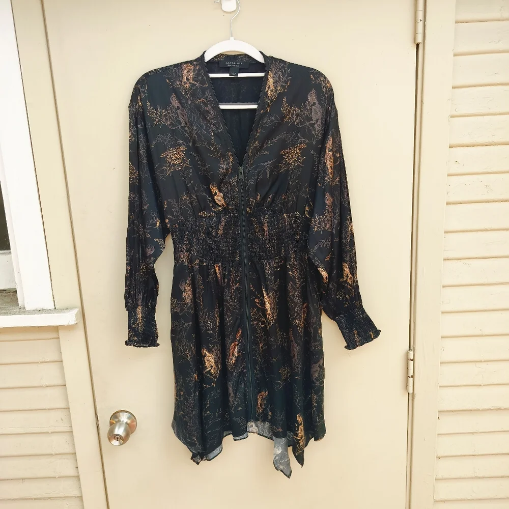 All Saints Niyah Yorick Dress Skeleton Tree Branch Design Silk Blend Halloween - Picture 4 of 13